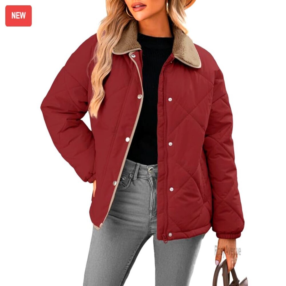 Winter Quilted Puffer Jacket Long Sleeve Button Down Casual Outerwear Coat